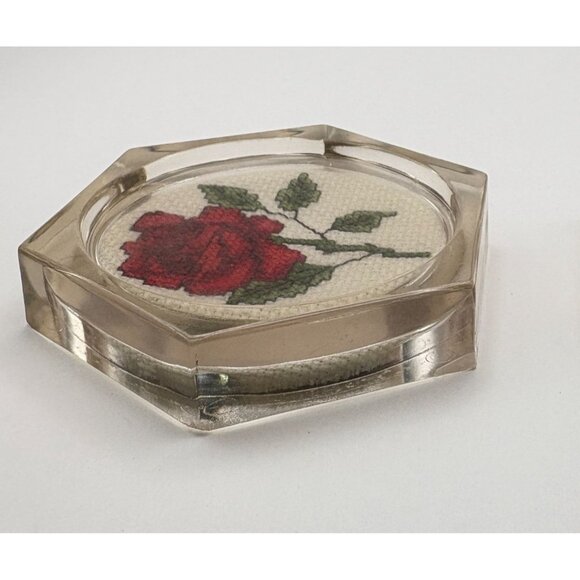 Vintage Acrylic Coasters Red Rose Cross Stitch Set of 2 Handmade Floral Decor - Picture 4 of 8